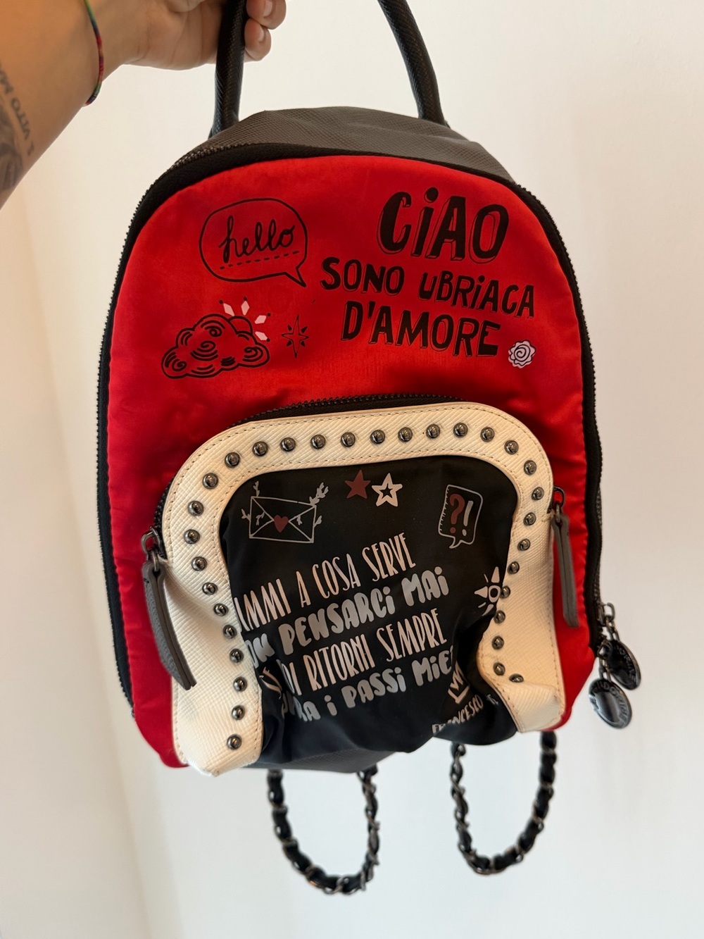 Le Pandorine Red & Black Graphic Mini Backpack with Studded Pocket